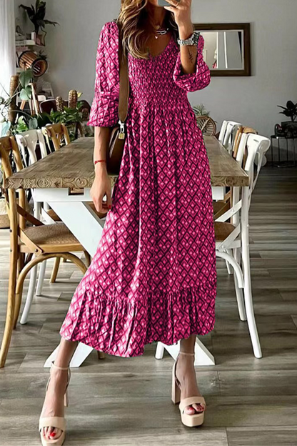 Vestidos casuales con estampado de patchwork, cuello en V y falda pastel (3 colores)
