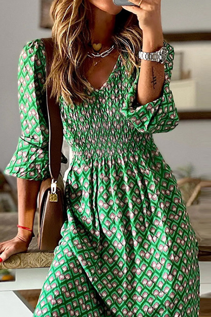 Vestidos casuales con estampado de patchwork, cuello en V y falda pastel (3 colores)