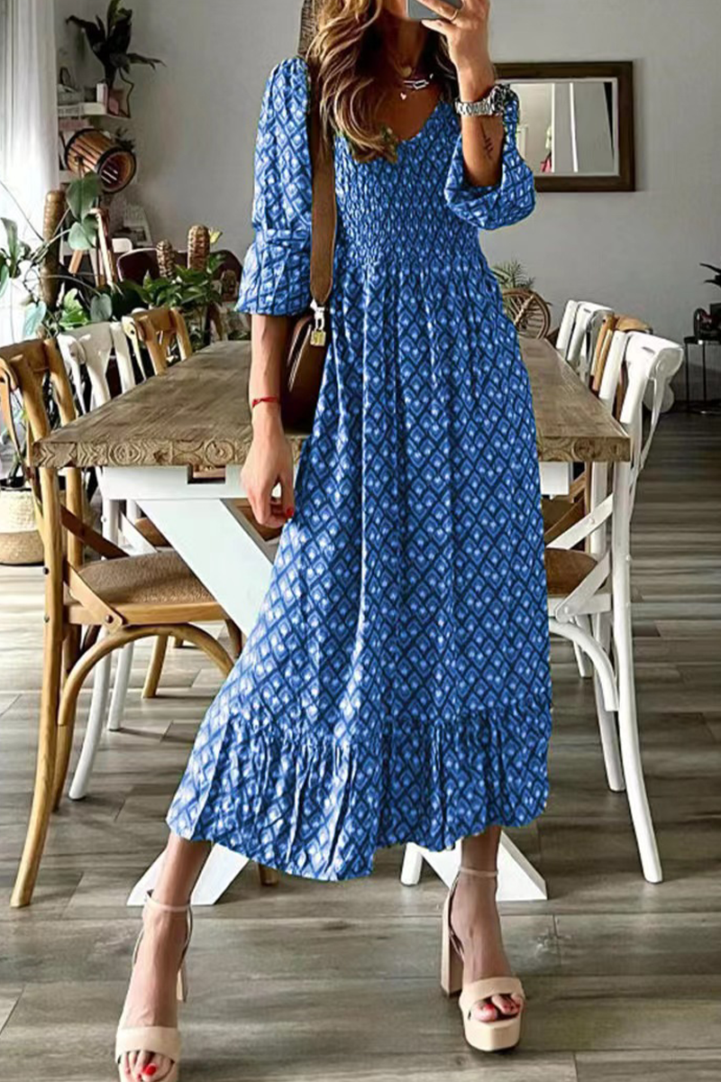 Vestidos casuales con estampado de patchwork, cuello en V y falda pastel (3 colores)
