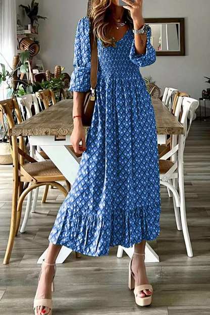 Vestidos casuales con estampado de patchwork, cuello en V y falda pastel (3 colores)