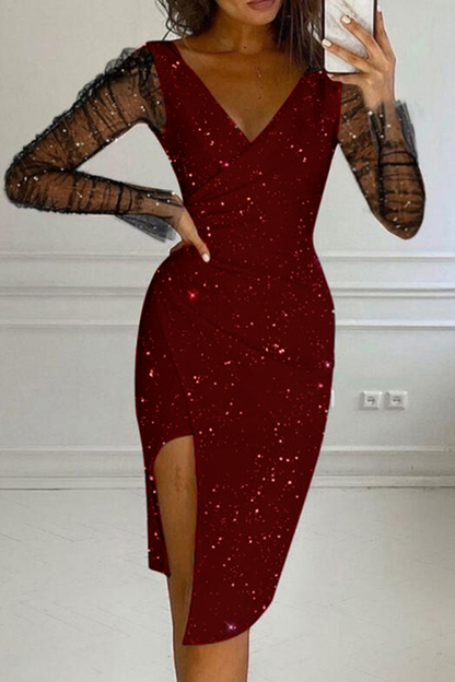 Vestidos sexis de malla sólida con escote en V y falda lápiz (4 colores)
