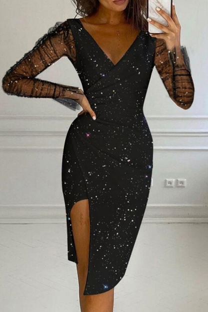 Vestidos sexis de malla sólida con escote en V y falda lápiz (4 colores)