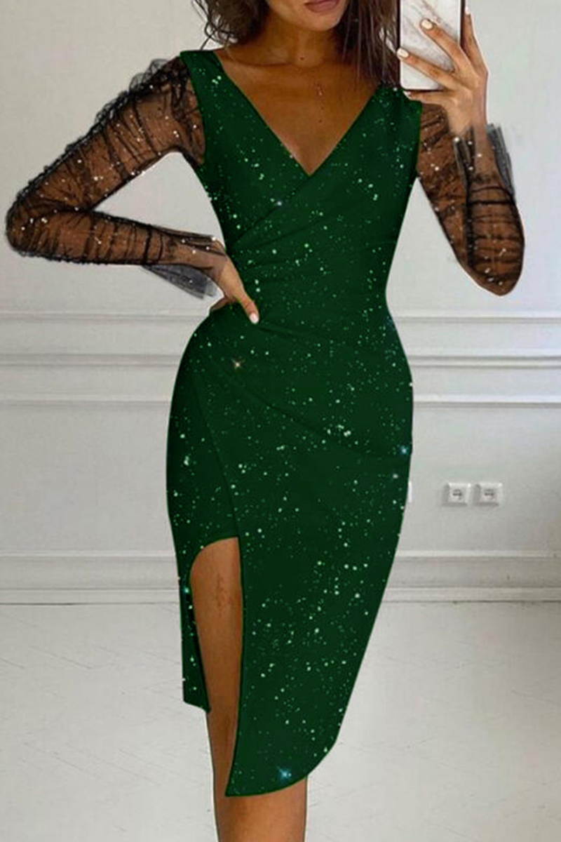 Vestidos sexis de malla sólida con escote en V y falda lápiz (4 colores)