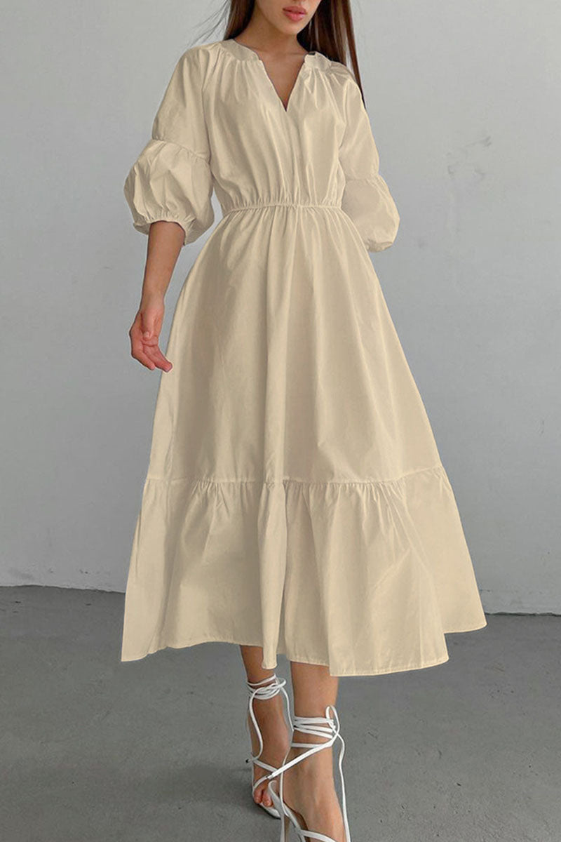 Vestido informal elegante de manga corta con cuello en V y parches lisos (3 colores)