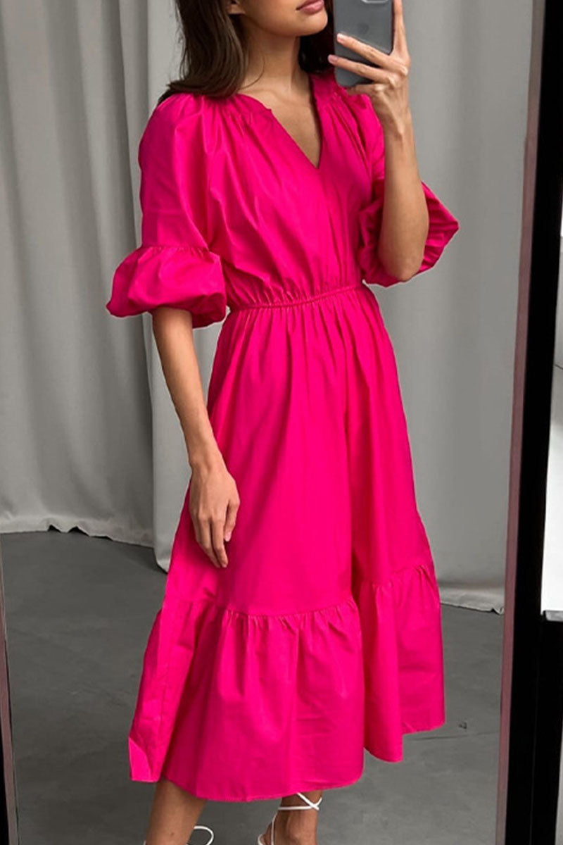 Vestido informal elegante de manga corta con cuello en V y parches lisos (3 colores)
