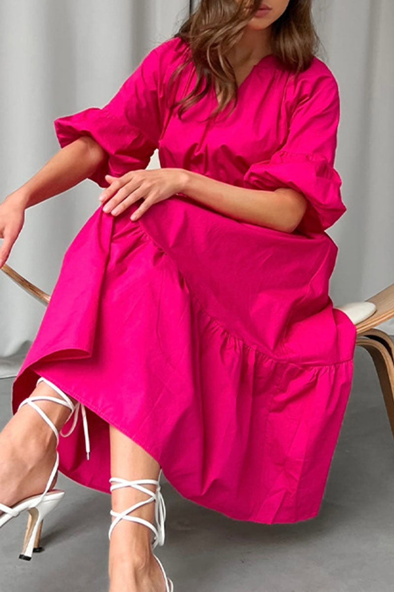Vestido informal elegante de manga corta con cuello en V y parches lisos (3 colores)
