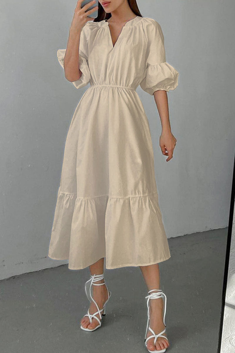 Vestido informal elegante de manga corta con cuello en V y parches lisos (3 colores)