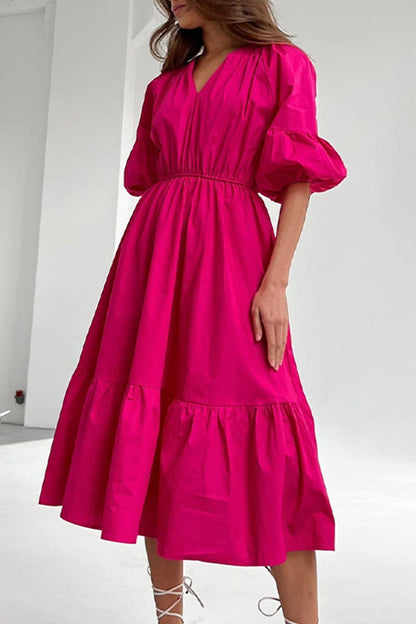 Vestido informal elegante de manga corta con cuello en V y parches lisos (3 colores)