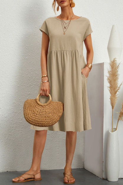 Vestido informal de manga corta con cuello redondo y parches lisos (11 colores)