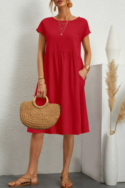 Vestido informal de manga corta con cuello redondo y parches lisos (11 colores)