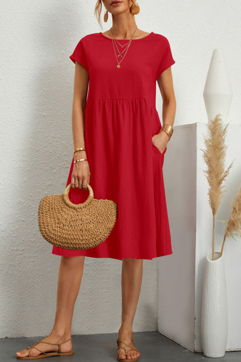 Vestido informal de manga corta con cuello redondo y parches lisos (11 colores)