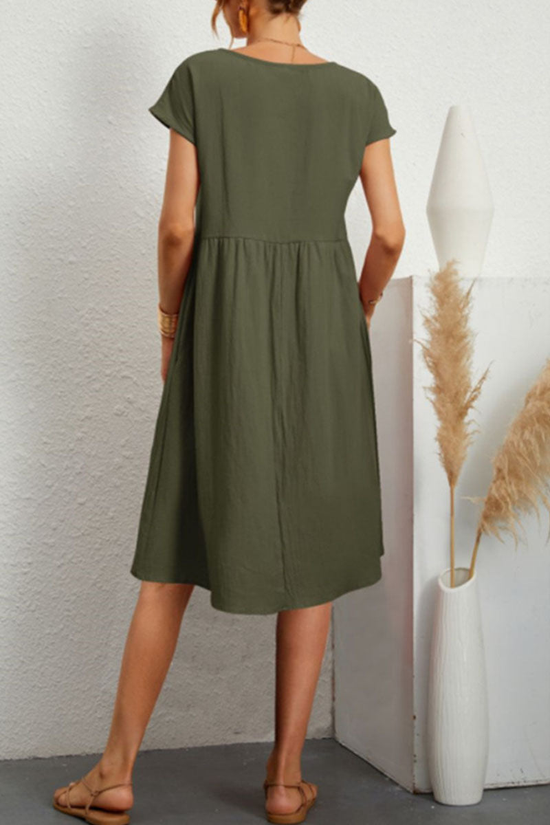 Vestido informal de manga corta con cuello redondo y parches lisos (11 colores)