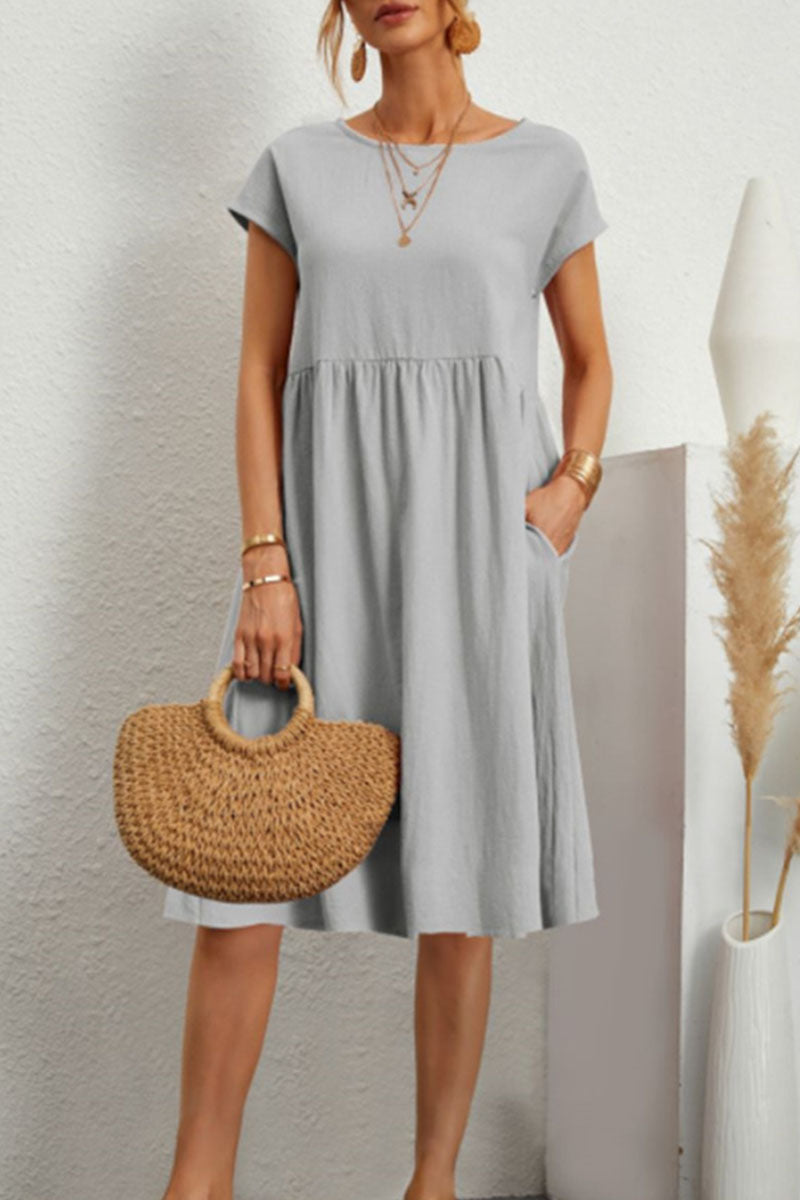 Vestido informal de manga corta con cuello redondo y parches lisos (11 colores)