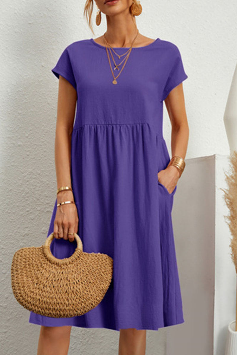 Vestido informal de manga corta con cuello redondo y parches lisos (11 colores)