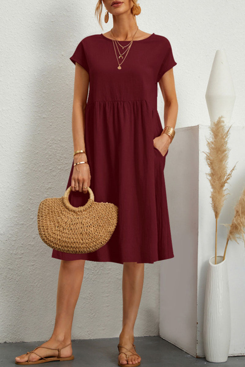 Vestido informal de manga corta con cuello redondo y parches lisos (11 colores)