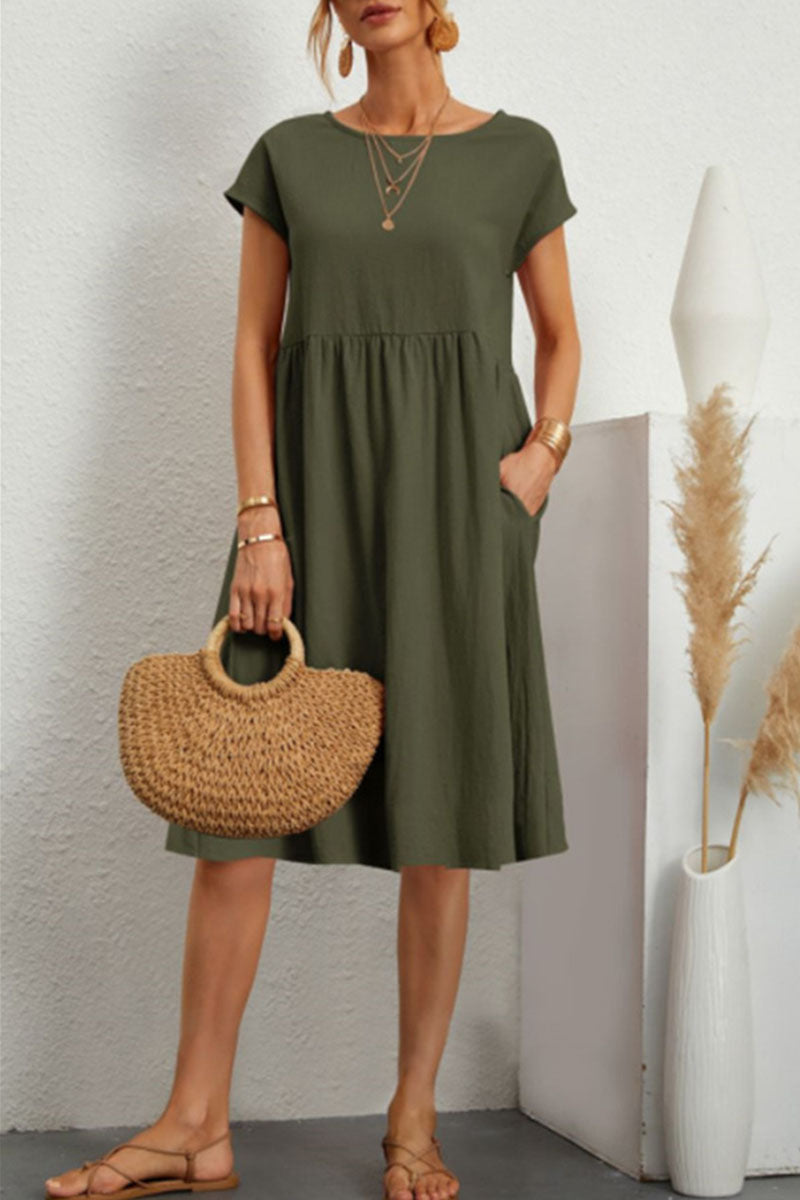 Vestido informal de manga corta con cuello redondo y parches lisos (11 colores)