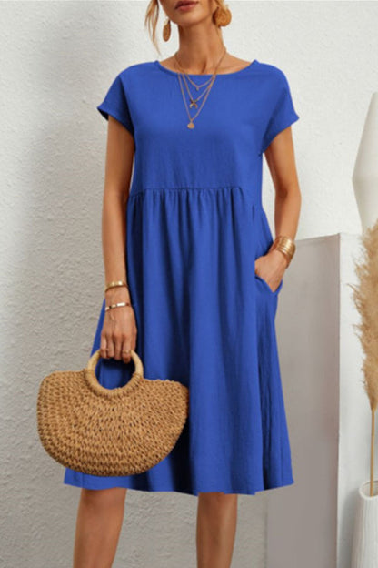 Vestido informal de manga corta con cuello redondo y parches lisos (11 colores)