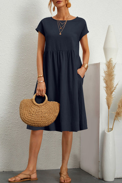 Vestido informal de manga corta con cuello redondo y parches lisos (11 colores)