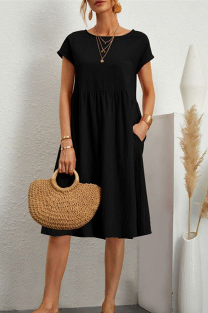 Vestido informal de manga corta con cuello redondo y parches lisos (11 colores)
