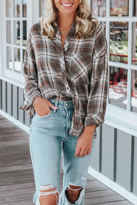 Blusas casuales de cuello vuelto con patchwork a cuadros