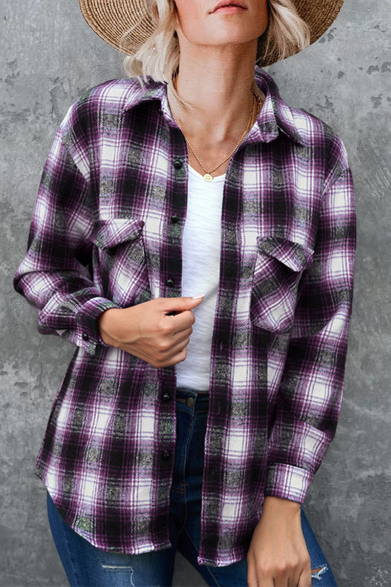 Blusas casuales de cuello vuelto con patchwork a cuadros (6 colores)