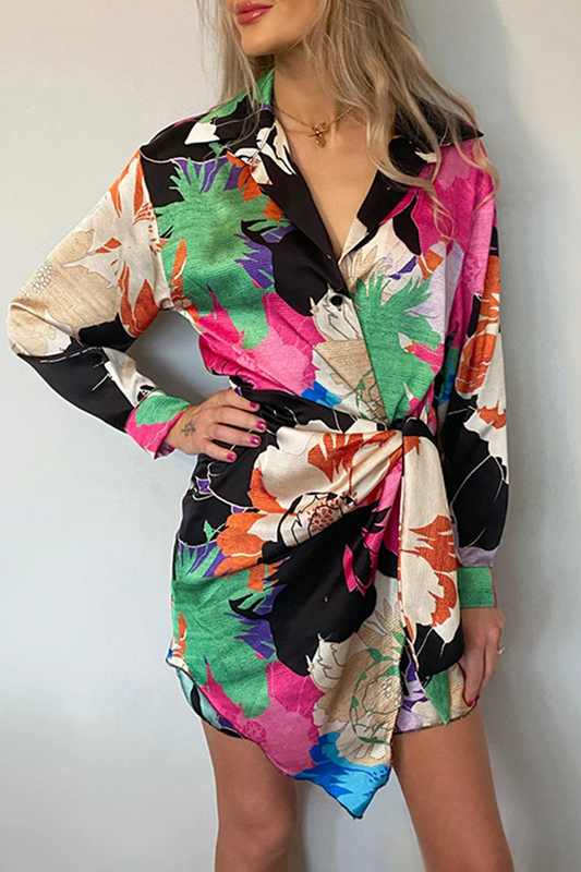Vestido camisero informal con cuello vuelto y estampado de patchwork (5 colores)