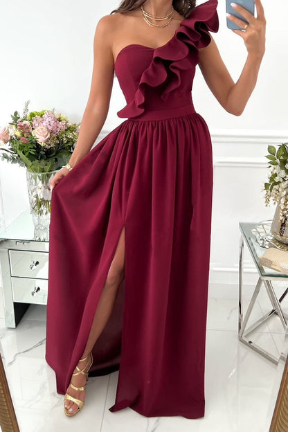 Vestidos sexis elegantes con estampado de patchwork y cuello oblicuo con volantes (6 colores)