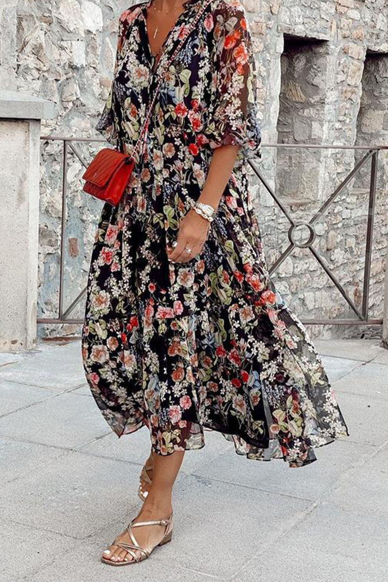 Vestidos casuales con estampado de patchwork, cuello en V y falda pastel