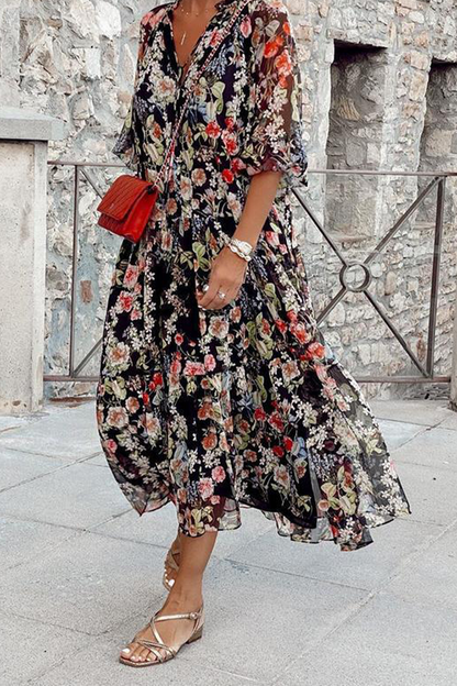 Vestidos casuales con estampado de patchwork, cuello en V y falda pastel