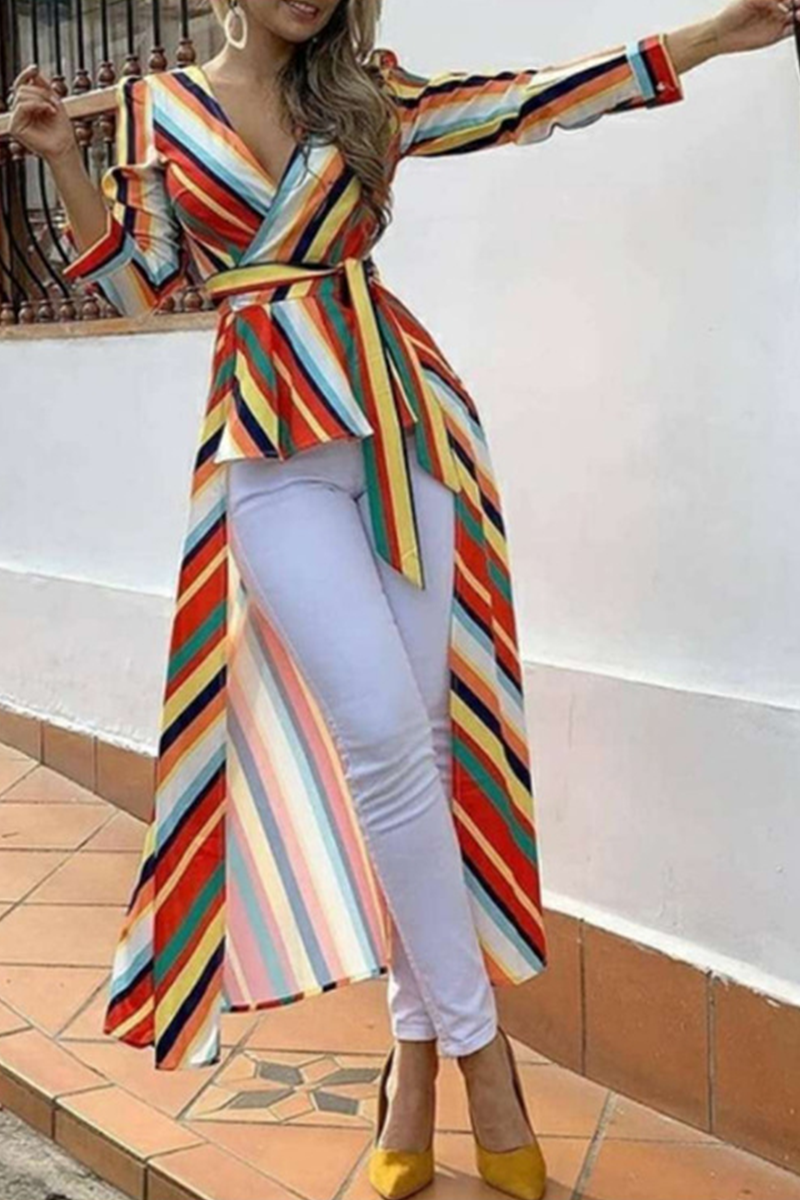 Vestidos de cuello en V con patchwork de rayas de moda