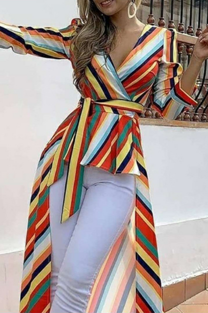 Vestidos de cuello en V con patchwork de rayas de moda