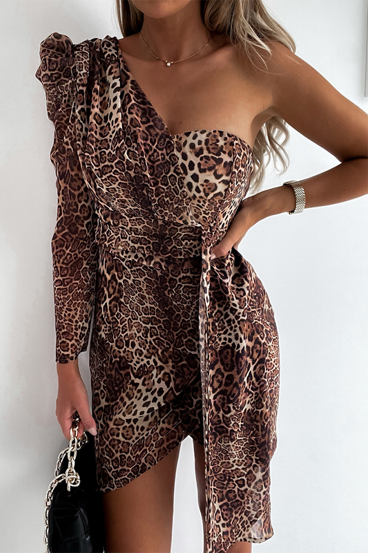 Vestido informal con estampado de leopardo y patchwork, hombros descubiertos e irregular (4 colores)