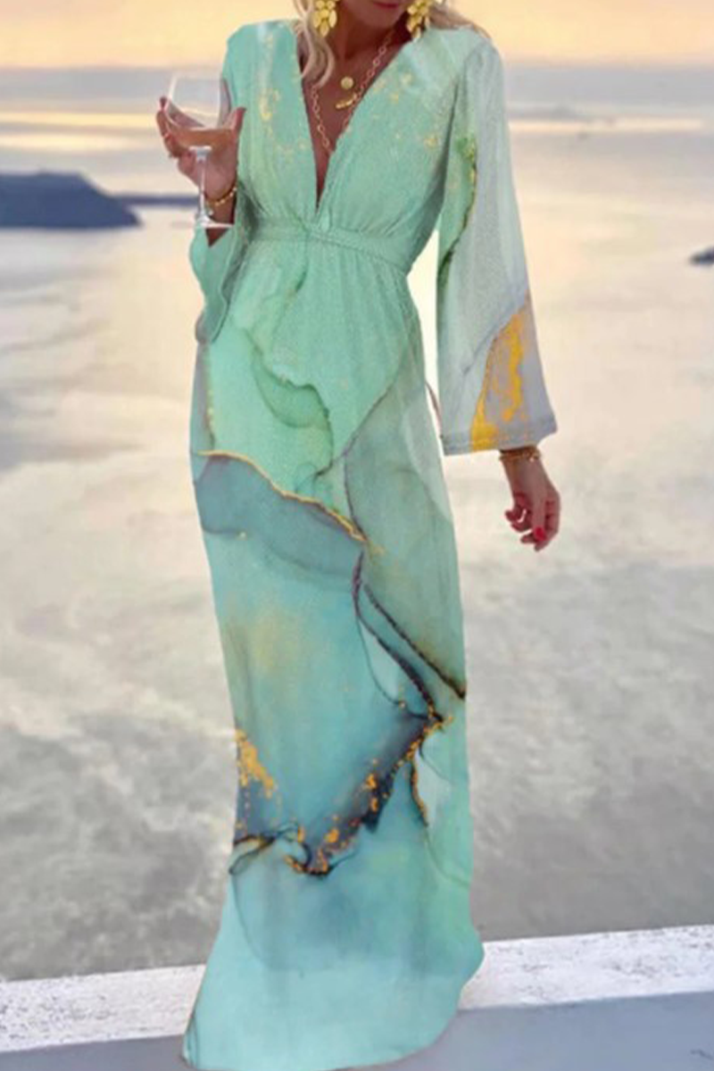 Vestido casual con cuello en V y estampado de patchwork