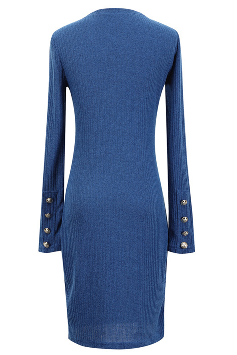 Vestidos casuales de falda lápiz con cuello redondo y parches sólidos (4 colores)