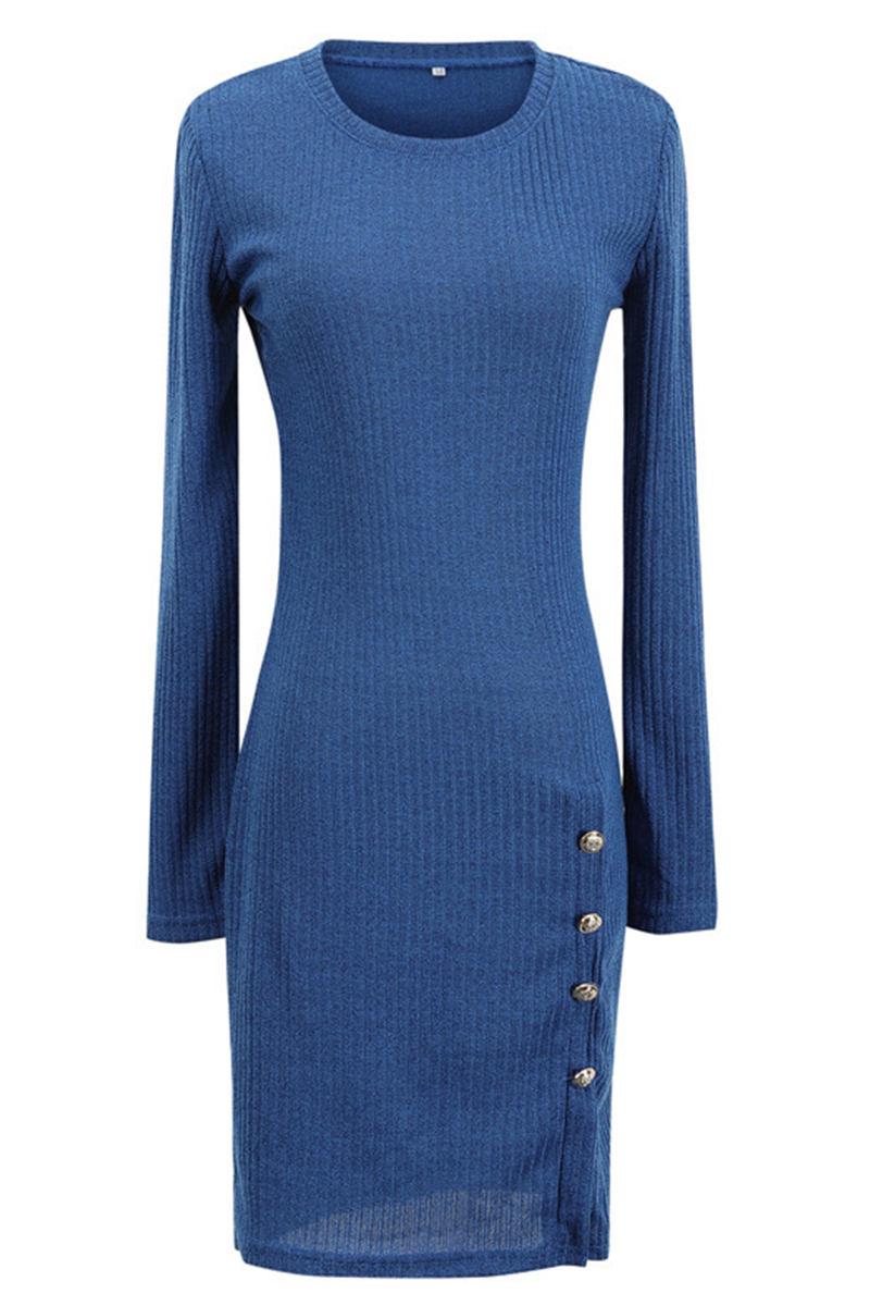Vestidos casuales de falda lápiz con cuello redondo y parches sólidos (4 colores)