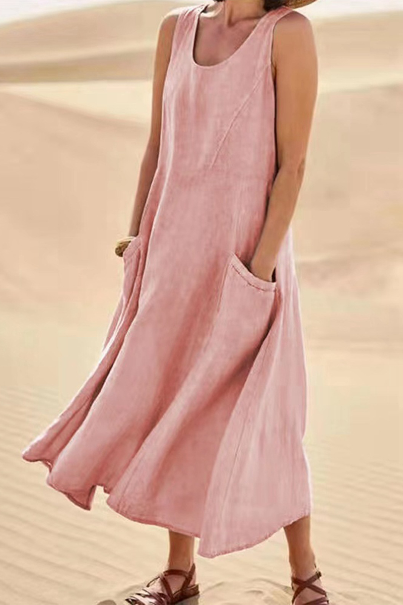 Vestidos casuales lisos con cuello en U y patchwork (7 colores)