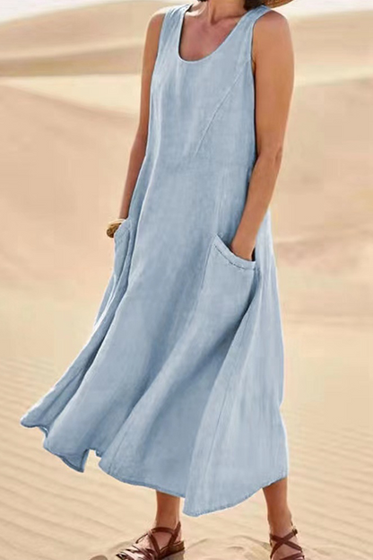 Vestidos casuales lisos con cuello en U y patchwork (7 colores)