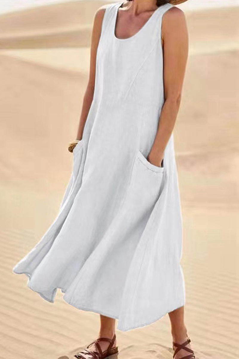 Vestidos casuales lisos con cuello en U y patchwork (7 colores)