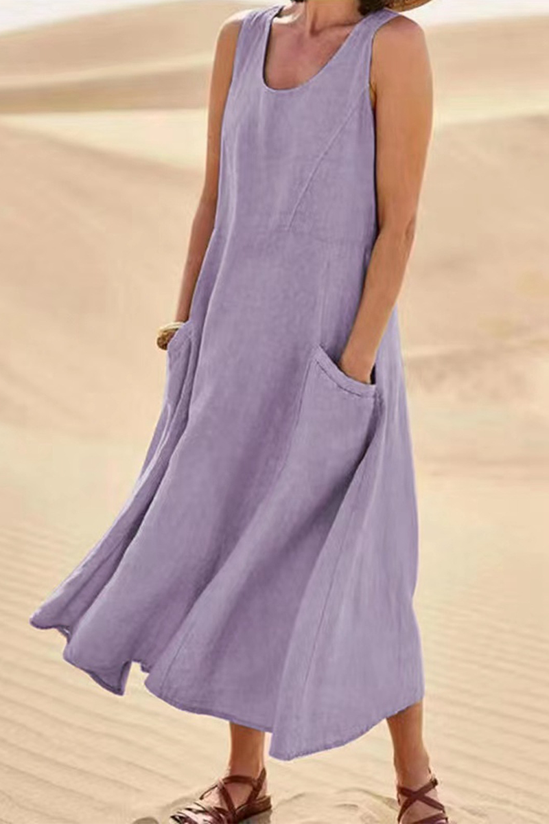 Vestidos casuales lisos con cuello en U y patchwork (7 colores)