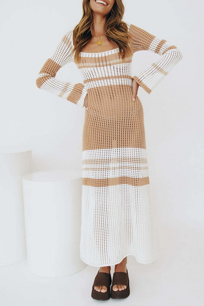 Vestidos casuales rectos con hombros descubiertos y diseño de patchwork a rayas (5 colores)
