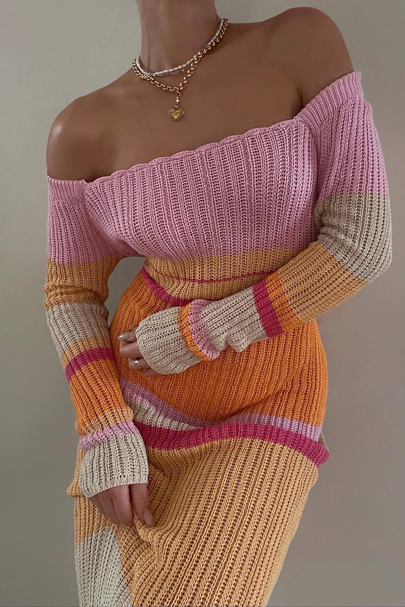Vestidos casuales rectos con hombros descubiertos y diseño de patchwork a rayas (5 colores)