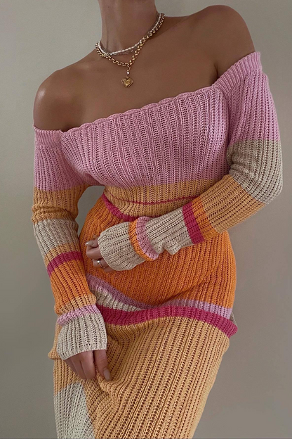 Vestidos casuales rectos con hombros descubiertos y diseño de patchwork a rayas (5 colores)
