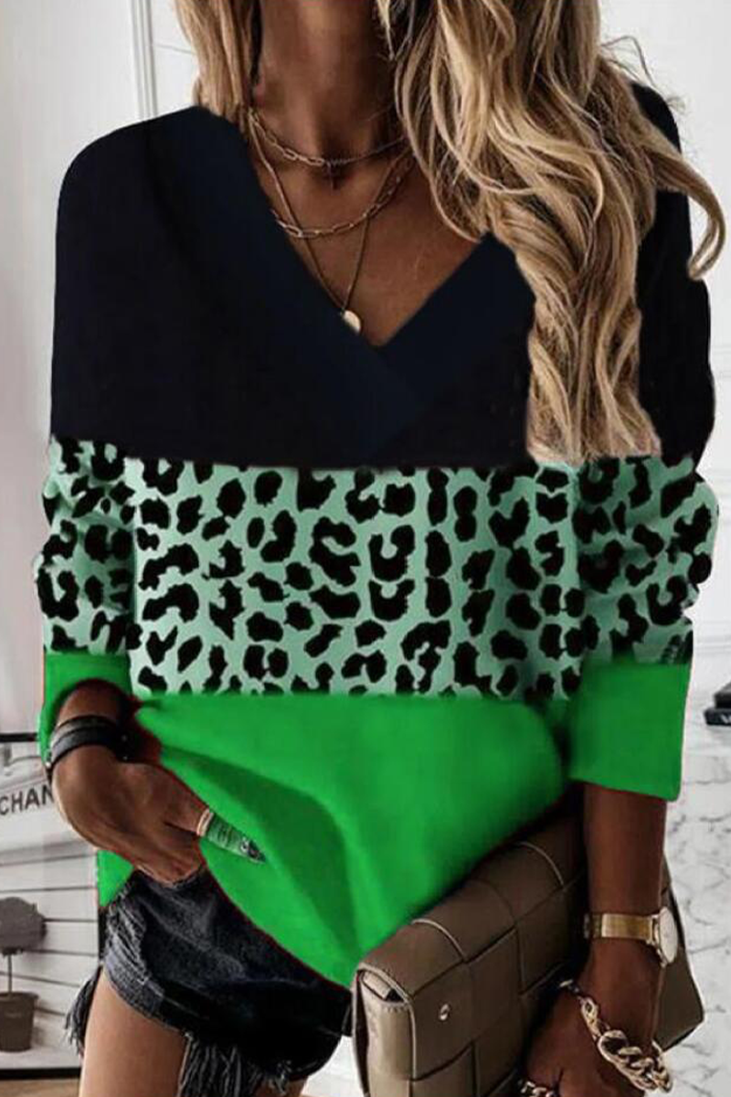Tops de cuello en V con patchwork de leopardo de calle (4 colores)