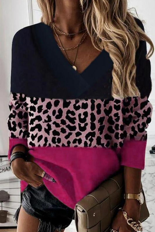 Tops de cuello en V con patchwork de leopardo de calle (4 colores)