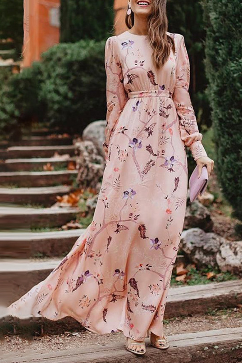Vestidos de falda con cintura redonda y cuello ahuecado con estampado de moda