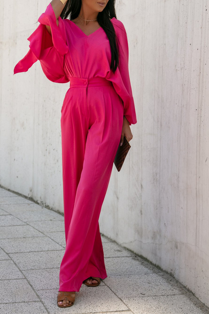 Conjunto de dos piezas con cuello en V, manga larga y patchwork liso a la moda (4 colores)