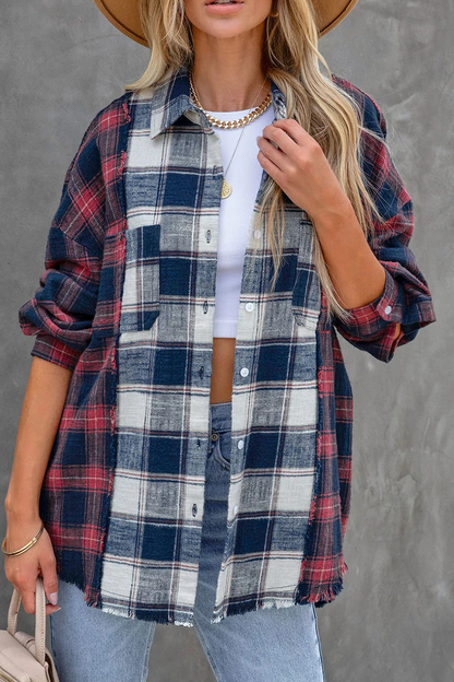 Tops casuales de cuello vuelto con patchwork a cuadros