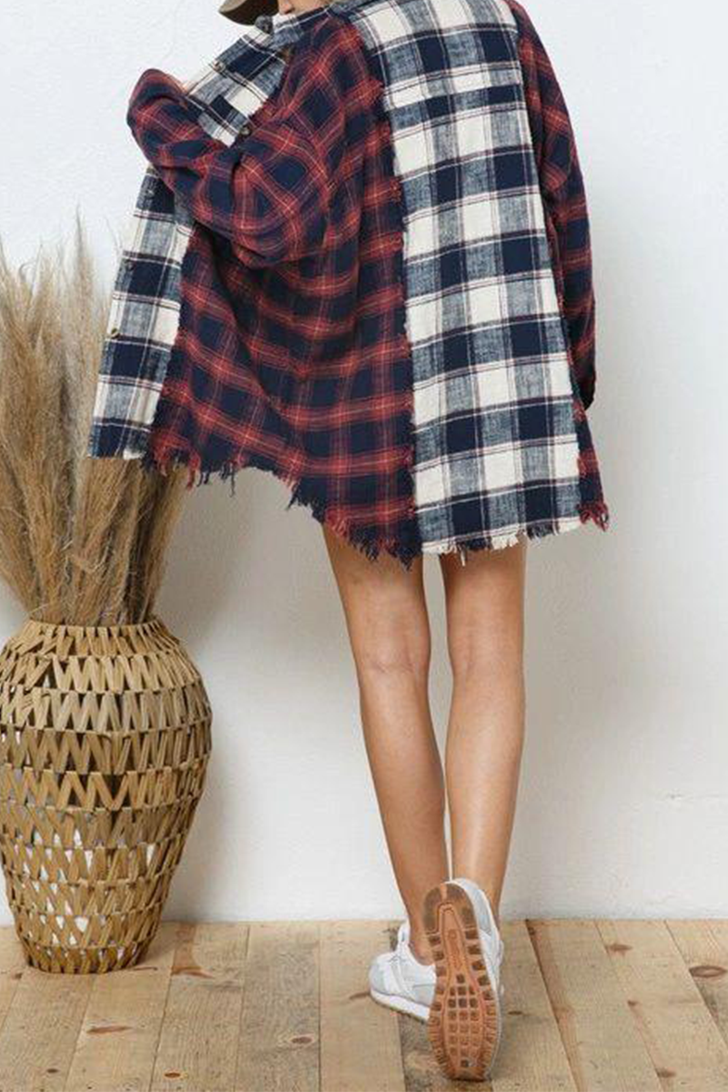 Tops casuales de cuello vuelto con patchwork a cuadros