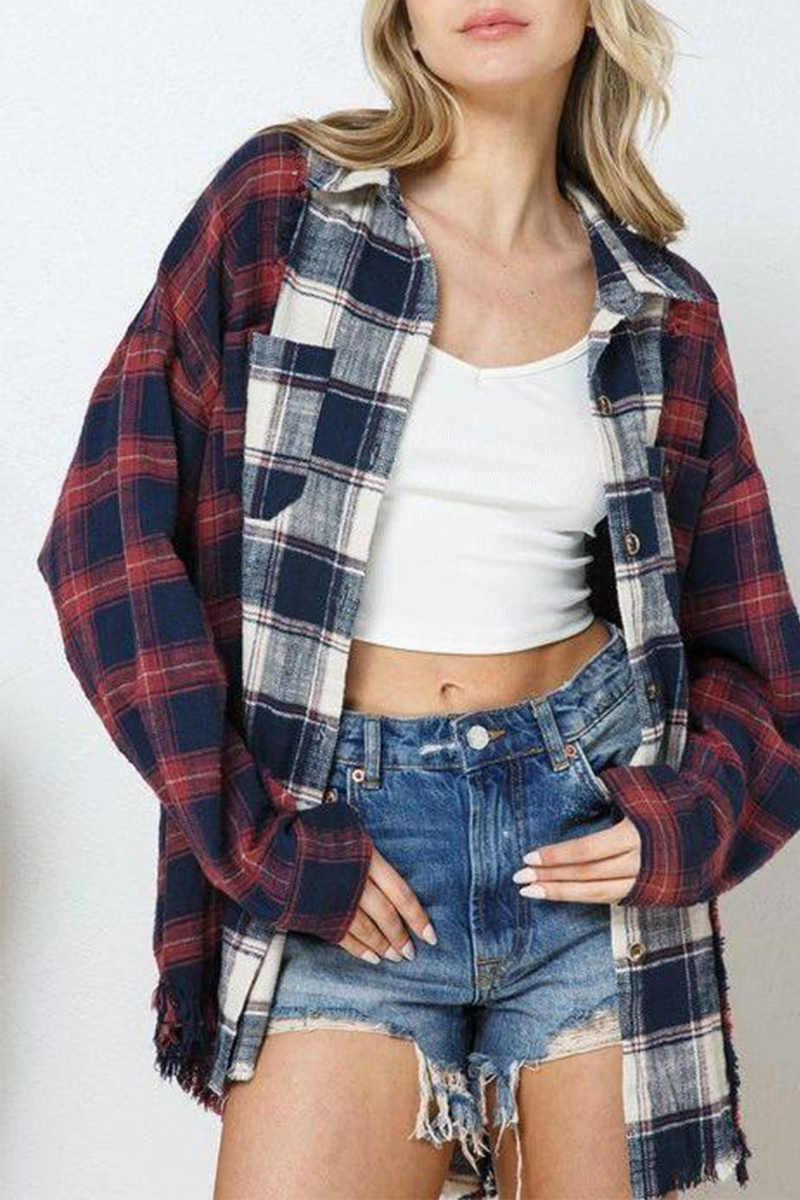 Tops casuales de cuello vuelto con patchwork a cuadros