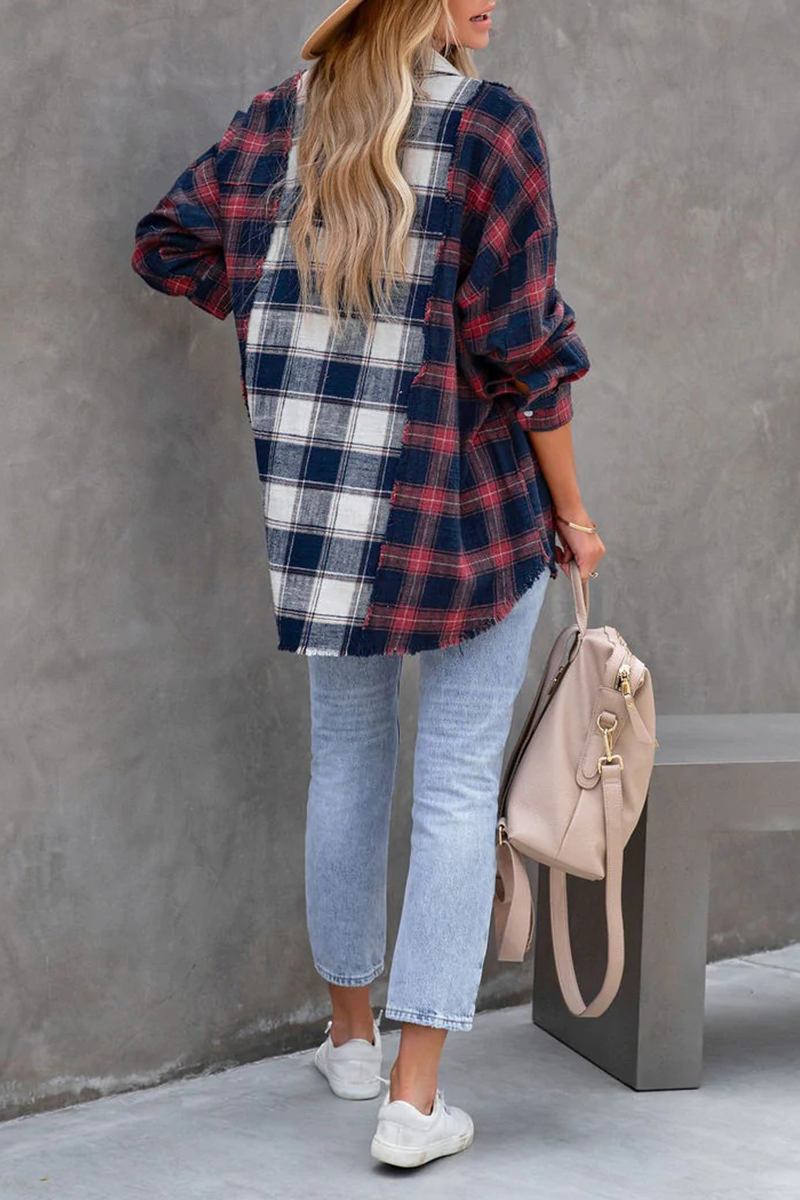 Tops casuales de cuello vuelto con patchwork a cuadros